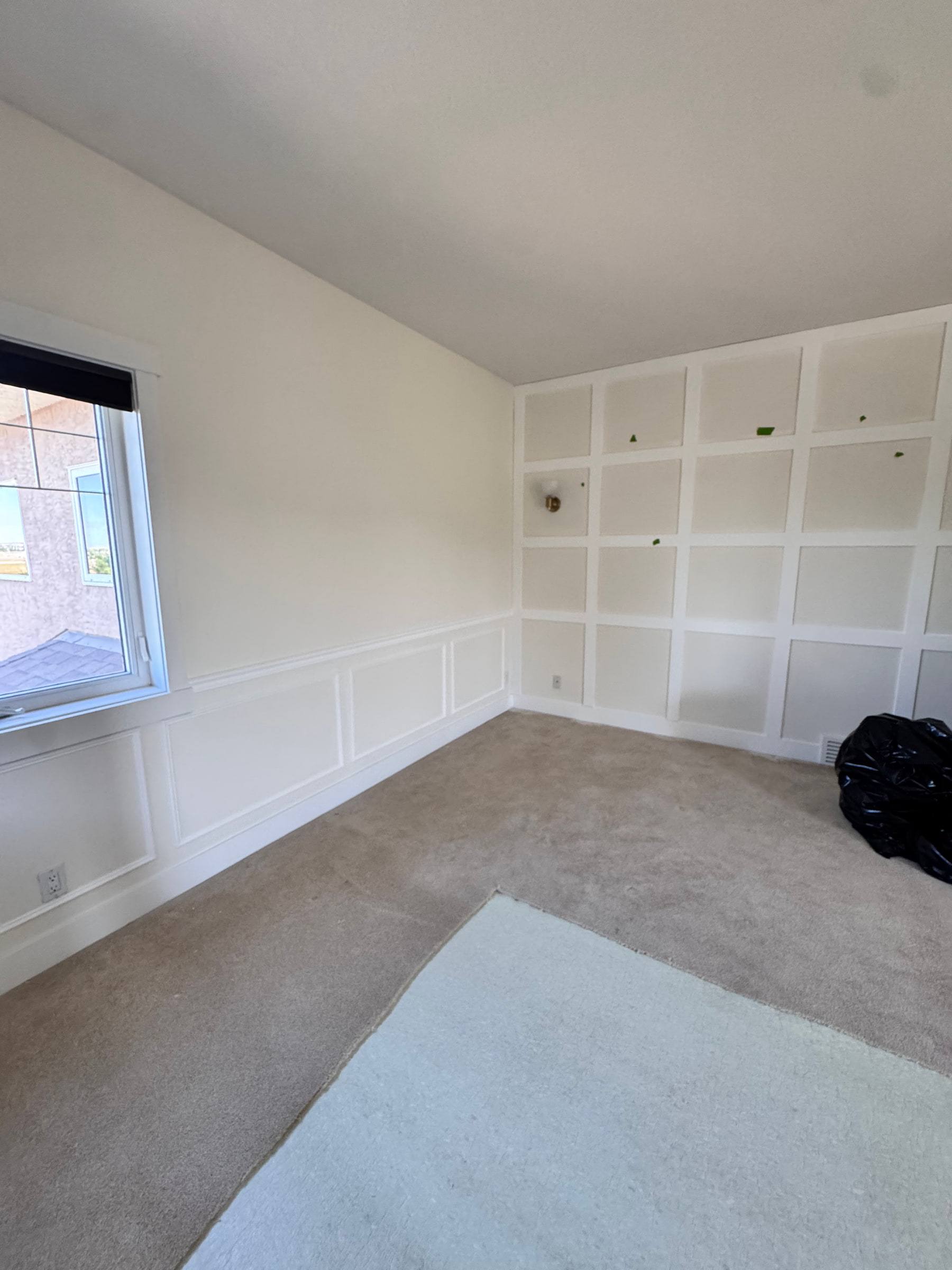 Carpeted room with a grid panel wall in the corner and wainscoting beneath a window
